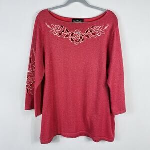 Bob Mackie Size XL Flower Embroidered Cutout Shimmer 3/4 Sleeve Sweater Pink